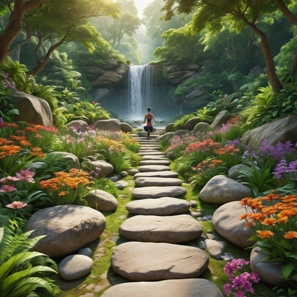 A serene pathway winding through a lush green forest, flanked by balanced stones and gentle waterfalls, leading towards a radiant horizon embodying peace and harmony. In the foreground, a person practicing yoga, demonstrating tranquility and focus, surrounded by vibrant flowers and harmonious nature. super-realistic. vibrant colors. peaceful atmosphere.