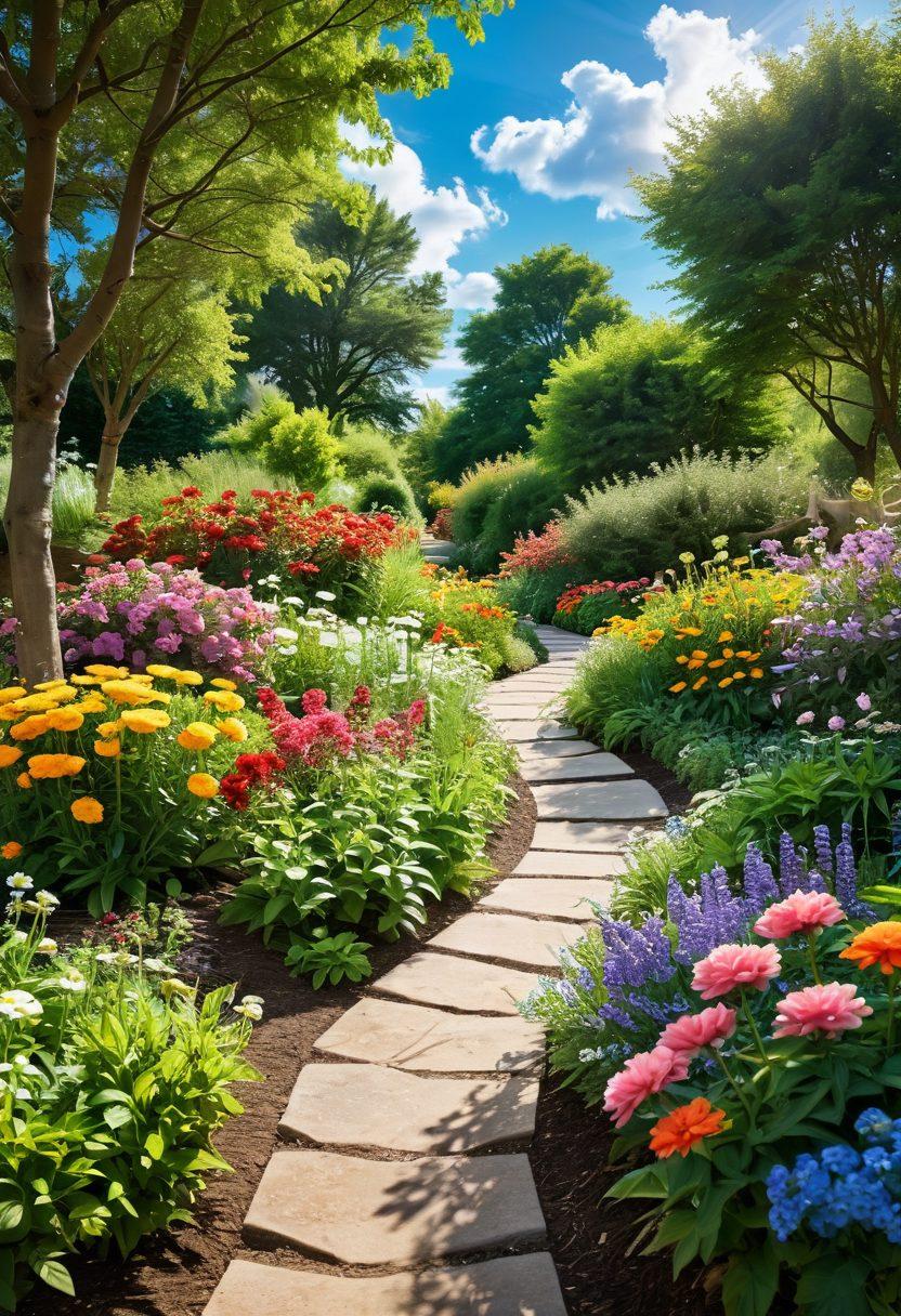 A serene landscape featuring a winding path through a vibrant garden filled with blooming flowers and sparkling sunlight filtering through green leaves. Along the path, cheerful people of diverse backgrounds are engaged in joyful activities like planting seeds and sharing smiles, symbolizing connection and growth. The sky is bright and optimistic, with fluffy clouds gently floating by. super-realistic. vibrant colors. soft focus.