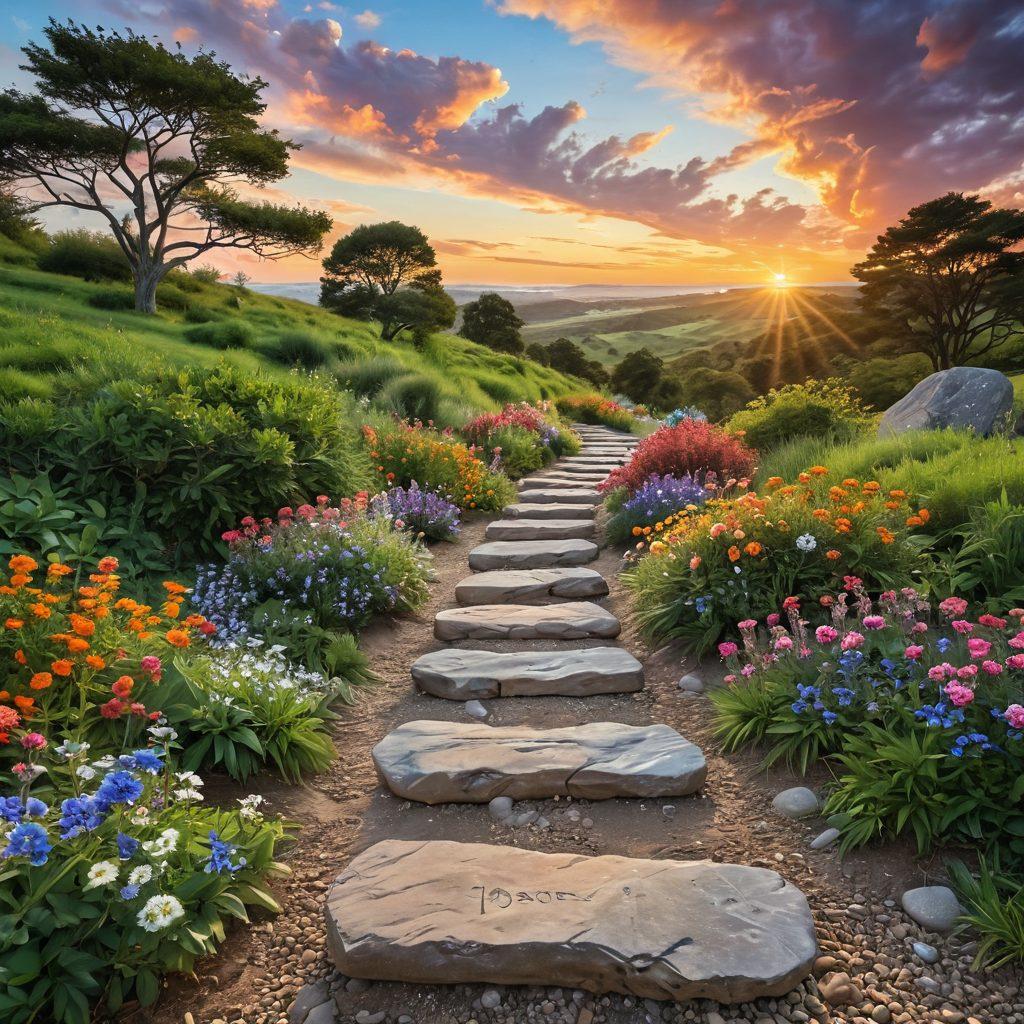A serene landscape showcasing a path winding through lush greenery, dotted with colorful flowers leading to a vibrant sunrise symbolizing hope and joy. Along the path, ten numbered stones represent each step towards balance, with people meditating and enjoying nature at different points. Include soft, dreamy clouds and a hint of rainbow in the sky. super-realistic. vibrant colors. tranquil atmosphere.